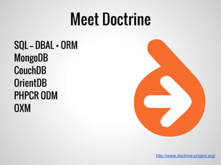 Meet Doctrine
http://www.doctrine-project.org/
SQL -- DBAL + ORM
MongoDB
CouchDB
OrientDB
PHPCR ODM
OXM
 