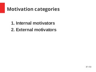 37 / 50
Motivation categories
1. Internal motivators
2. External motivators
 