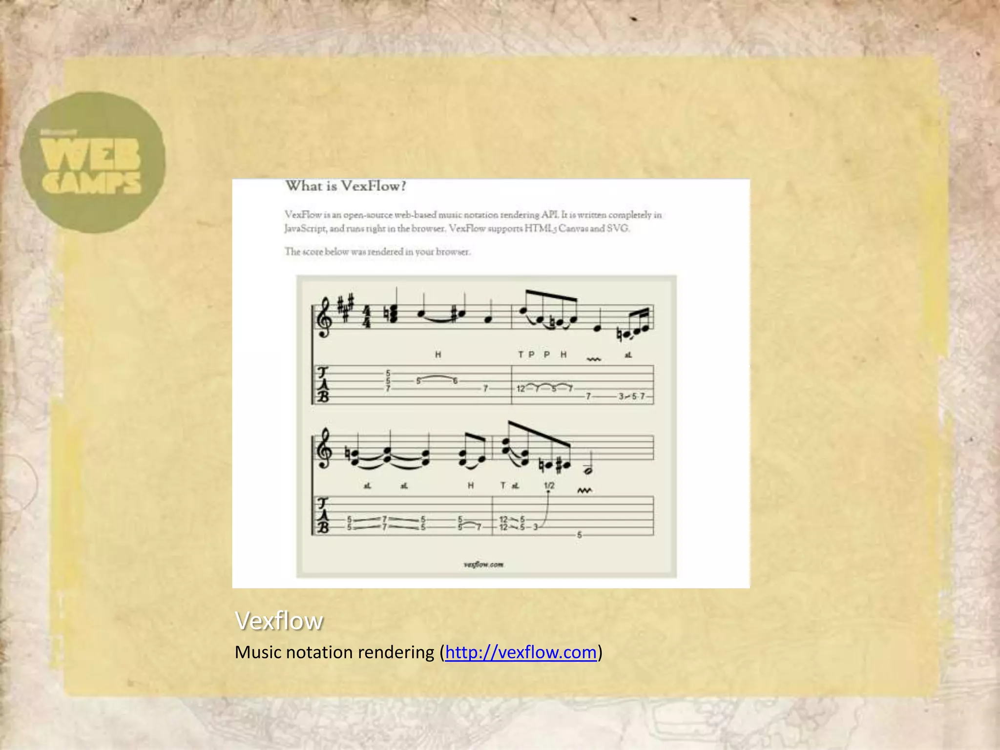 VexflowMusic notation rendering (http://vexflow.com)