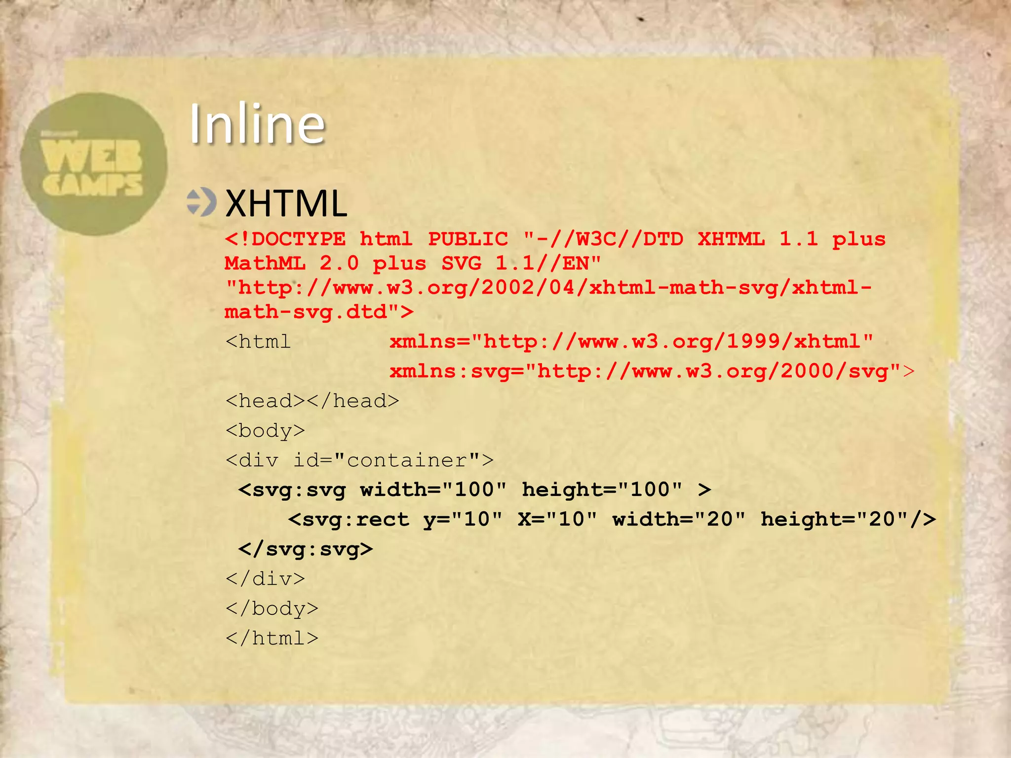 XHTML <!DOCTYPE html PUBLIC "-//W3C//DTD XHTML 1.1 plus MathML 2.0 plus SVG 1.1//EN" "http://www.w3.org/2002/04/xhtml-math-svg/xhtml-math-svg.dtd">	<html 	xmlns="http://www.w3.org/1999/xhtml"			xmlns:svg="http://www.w3.org/2000/svg">	<head></head>	<body>	<div id="container"><svg:svg width="100" height="100" >		<svg:rect y="10" X="10" width="20" height="20"/>	 </svg:svg>	</div>	</body>	</html>Inline