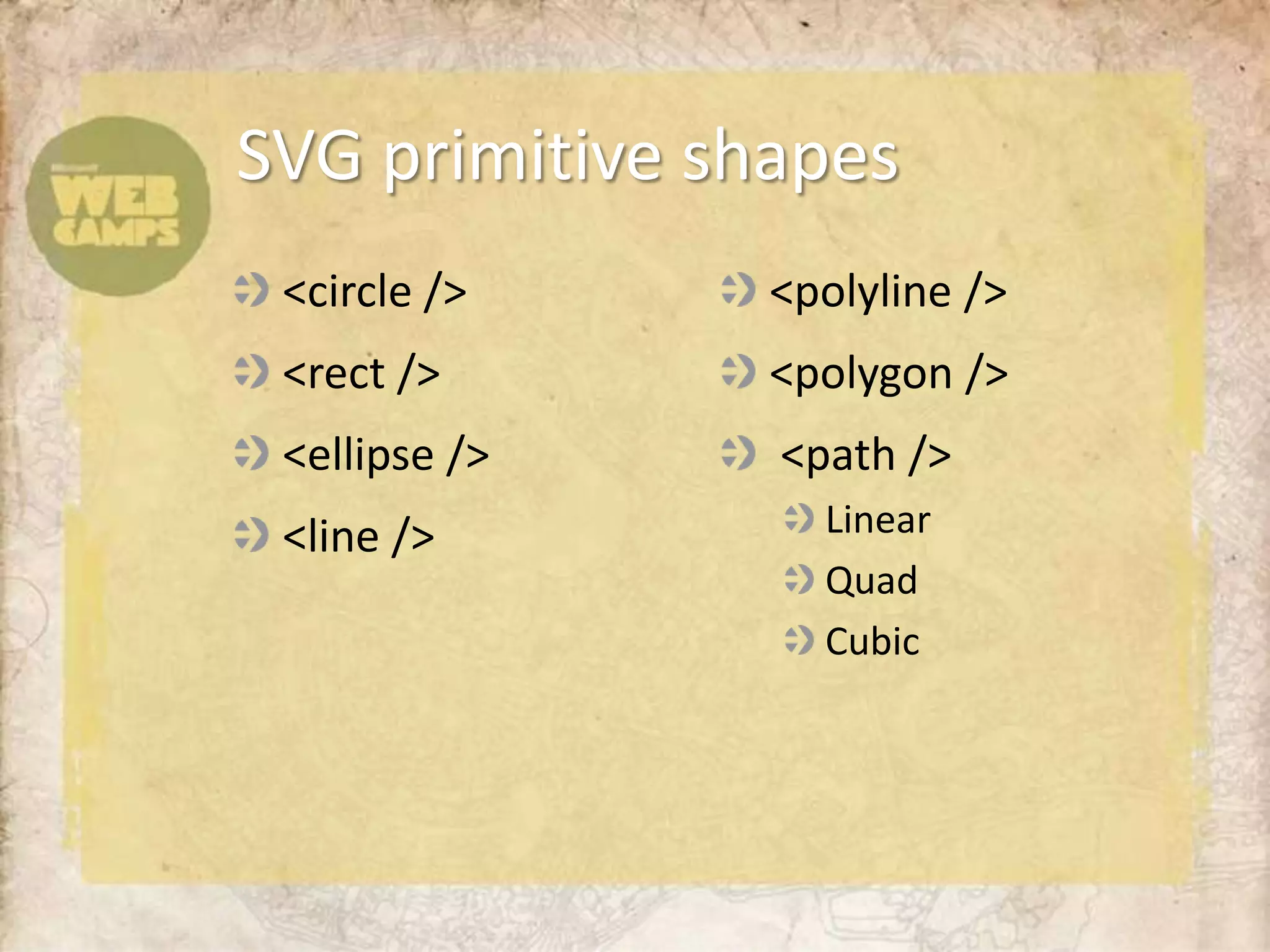 SVG primitive shapes<circle /><rect /><ellipse /><line /><polyline /><polygon /> <path />LinearQuadCubic