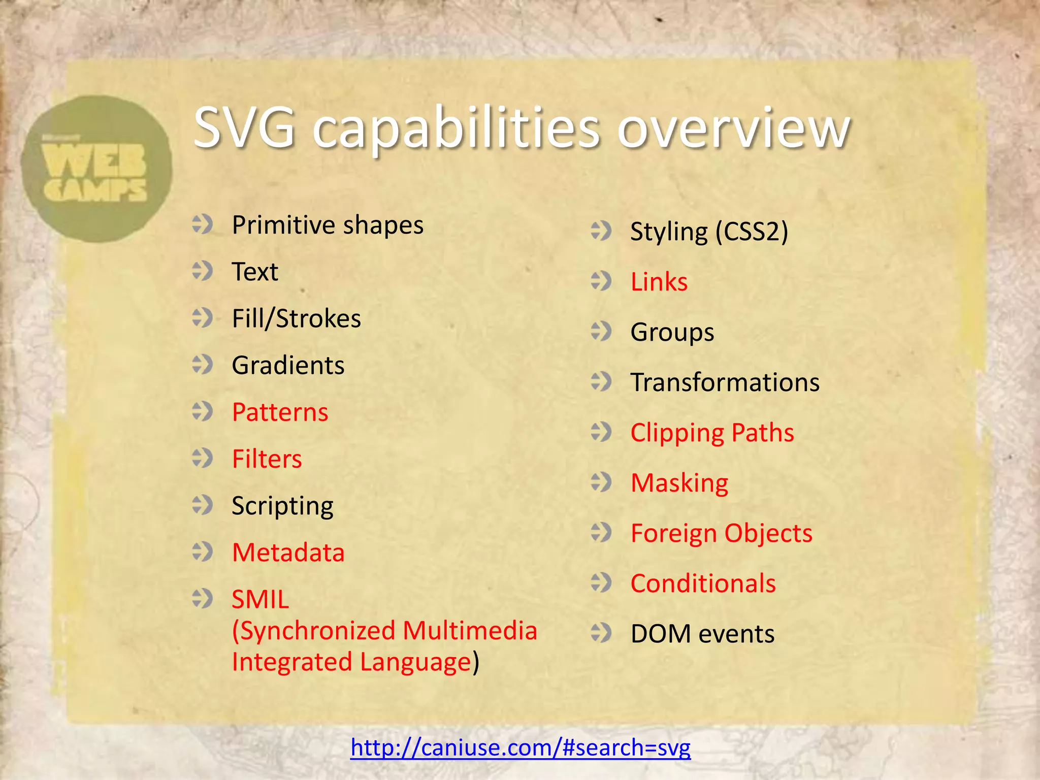 SVG capabilities overviewPrimitive shapesTextFill/StrokesGradientsPatternsFiltersScriptingMetadataSMIL(SynchronizedMultimediaIntegrated Language)Styling (CSS2)LinksGroupsTransformationsClipping PathsMaskingForeign ObjectsConditionalsDOM eventshttp://caniuse.com/#search=svg
