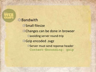 BandwithSmall filesizeChanges can be done in browseravoiding server round-tripGzip encoded .svgzServer must send reponse headerContent-Enconding: gzip