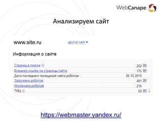 Анализируем сайт
www.site.ru
https://webmaster.yandex.ru/
 