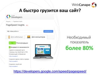 А быстро грузится ваш сайт?
https://developers.google.com/speed/pagespeed/
Необходимый
показатель
более 80%
 