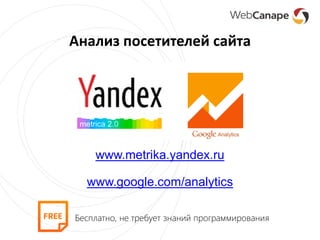 Анализ посетителей сайта
www.metrika.yandex.ru
www.google.com/analytics
Бесплатно, не требует знаний программирования
 