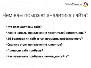 Чем вам поможет аналитика сайта?
• Кто посещает ваш сайт?
• Какие каналы привлечения посетителей эффективны?
• Эффективен ли сайт и как повысить эффективность?
• Сколько стоит привлечение клиентов?
• Приносит сайт прибыль?
• Как увеличить прибыль с помощью сайта?
 