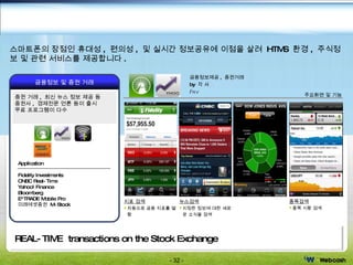 REAL-TIME  transactions on the Stock Exchange  금융정보제공 ,  증권거래 by  각 사 Free 주요화면 및 기능 금융정보 및 증권 거래 증권 거래 ,  최신 뉴스 정보 제공 등 증권사 ,  경제전문 언론 등이 출시 무료 프로그램이 다수 Application Fidelity Investments CNBC Real-Time  Yahoo! Finance Bloomberg E*TRADE Mobile Pro 미래에셋증권  M-Stock 지표 검색 자동으로 금융 지표를 열람 뉴스검색 지정한 정보에 대한 새로운 소식을 검색 종목검색 종목 시황 검색 Finance Mobility -  금융정보 스마트폰의 장점인 휴대성 ,  편의성 ,  및 실시간 정보공유에 이점을 살려  HTMS  환경 ,  주식정보 및 관련 서비스를 제공합니다 . 