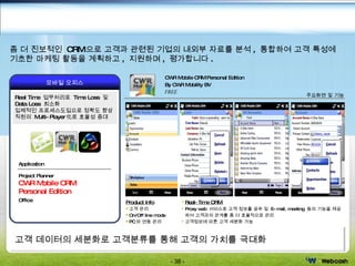 고객 데이터의 세분화로 고객분류를 통해 고객의 가치를 극대화 CWR Mobile CRM Personal Edition By CWR Mobility BV FREE 주요화면 및 기능 모바일 오피스 Real Time  업무처리로  Time Loss  및  Data Loss  최소화  입체적인 프로세스도입으로 정확도 향상 직원의  Multi-Player 化로 효율성 증대  Application Project Planner CWR Mobile CRM  Personal Edition Office Mobile Office - CRM Product Info 고객 관리 On/Off line mode PC 와 연동 관리 Real-Time CRM  Proxy web  서비스로 고객 정보를 공유 및  E-mail, meeting  등의 기능을 제공하여 고객과의 관계를 좀 더 효율적으로 관리 고객정보에 따른 고객 세분화 가능  좀 더 진보적인  CRM 으로 고객과 관련된 기업의 내외부 자료를 분석 ,  통합하여 고객 특성에 기초한 마케팅 활동을 계획하고 ,  지원하며 ,  평가합니다 . 
