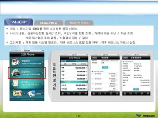 Mobile Office  영업지원 서비스 M-sERP 통합프레임워크 기반 솔루션 소개  개요  :  중소기업  CEO 를 위한 스마트폰 뱅킹 서비스 서비스내용 :  금융자산현황 실시간 조회 ,  수입 / 지출 현황 조회 ,  거래처 대금 수납  /  지금 조회 계좌 입 / 출금 조회 알람 ,  지출결의 검토  /  결재 고려사항  :  제휴 연동 시스템 인프라 ,  제휴 비즈니스 모델 검증 여부 ,  제휴 비즈니스 파트너 선정 주요화면 및 기능 