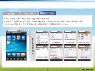 M-sERP Mobile Office 영업지원 서비스 통합프레임워크 기반 솔루션 소개  개요  :  은행 내부 마케팅 / 영업 지원을 위한 서비스 제공 서비스  :  모바일  PB  영업 지원 ,  모바일  RM  지원 ,  모바일 여신 영업 지원 ,  제반 서류 관리 지원  요소기술 고려사항  :  은행 경영정보 시스템과의 연동 ,  전자펜 / 전자문서 서비스 주요화면 및 기능 시장금리 조회 MOR/FTP MOR/FTP 해외시장 동향 금리조회 메인 고객별 금리조회 증권시황 상품별금리조회 