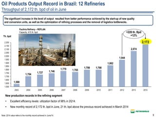 9
Oil Products Output Record in Brazil: 12 Refineries
Throughput of 2,172 th. bpd of oil in June
2,100
2,150
2,200
1,850
2,050
2,000
1,950
1,900
1,800
1,750
1,700
1,650
1,600
1,550
2013
2,074
2012
1,944
2011
1,862
2010
1,798
2009
1,799
2008
1,765
2007
1,779
2014
1,746
2005
1,727
2004 20062003
1,588
2,172
+228 th. Bpd
+12%
1,704
Note: 2014 value refers to the monthly record achieved in June/14.
Th. bpd
New production records in the refining segment
• Excellent efficiency levels: utilization factor of 98% in 2Q14.
• New monthly record of 2,172 th. bpd in June, 21 th. bpd above the previous record achieved in March 2014
Paulínia Refinery – REPLAN
Capacity: 415 th. bpd
The significant increase in the level of output resulted from better performance achieved by the start-up of new quality
and conversion units, as well as the optimization of refining processes and the removal of logistics bottlenecks.
 
