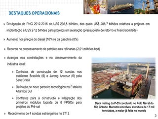 DESTAQUES OPERACIONAIS

» Divulgação do PNG 2012-2016 de US$ 236,5 bilhões, dos quais US$ 208,7 bilhões relativos a projetos em
  implantação e US$ 27,8 bilhões para projetos em avaliação (pressuposto de retorno e financiabilidade)

» Aumento nos preços do diesel (10%) e da gasolina (8%)

» Recorde no processamento de petróleo nas refinarias (2,01 milhões bpd)

» Avanços nas contratações e no desenvolvimento da
  indústria local:

      » Contratos de construção de 12 sondas nos
        estaleiros Brasfels (6) e Jurong Aracruz (6) pela
        Sete Brasil
      » Definição de novo parceiro tecnológico no Estaleiro
        Atlântico Sul
                                                                     P-55
      » Contratos para a construção e integração dos
        primeiros módulos topside de 8 FPSOs para                     Deck mating da P-55 concluído no Polo Naval do
        projetos do Pré-sal                                          Rio Grande. Manobra envolveu estrutura de 17 mil
                                                                           toneladas, a maior já feita no mundo
» Recebimento de 4 sondas estrangeiras no 2T12                                                                  P-56
                                                                                                                        3
 