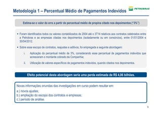 5
Metodologia 1 – Percentual Médio de Pagamentos Indevidos
Estima-se o valor do erro a partir do percentual médio de propina citado nos depoimentos (“3%”)
Foram identificados todos os valores contabilizados de 2004 até o 3T14 relativos aos contratos celebrados entre
a Petrobras e as empresas citadas nos depoimentos (isoladamente ou em consórcios), entre 01/01/2004 e
30/04/2012.
Sobre esse escopo de contratos, reajustes e aditivos, foi empregada a seguinte abordagem:
i. Aplicação do percentual médio de 3%, considerando esse percentual de pagamentos indevidos que
acresceram o montante cobrado da Companhia;
ii. Utilização de valores específicos de pagamentos indevidos, quando citados nos depoimentos.
Efeito potencial desta abordagem seria uma perda estimada de R$ 4,06 bilhões.
Novas informações oriundas das investigações em curso podem resultar em:
a.) novos ajustes;
b.) ampliação do escopo dos contratos e empresas;
c.) período de análise.
 