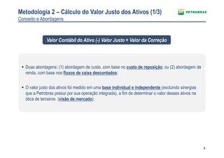 6
Metodologia 2 – Cálculo do Valor Justo dos Ativos (1/3)
Conceito e Abordagens
Duas abordagens: (1) abordagem de custo, com base no custo de reposição; ou (2) abordagem de
renda, com base nos fluxos de caixa descontados;
O valor justo dos ativos foi medido em uma base individual e independente (excluindo sinergias
que a Petrobras possui por sua operação integrada), a fim de determinar o valor desses ativos na
ótica de terceiros (visão de mercado).
Valor Contábil do Ativo (-) Valor Justo = Valor da Correção
 