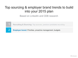 Top sourcing & employer brand trends to build 
into your 2015 plan 
Based on LinkedIn and CEB research 
1 Recruiting & Sourcing: Top sources, passive candidate recruiting 
2 Employer brand: Priorities, proactive management, budgets 
#hiretowin 
 