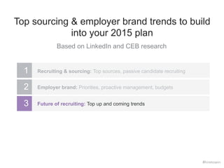 Top sourcing & employer brand trends to build 
into your 2015 plan 
Based on LinkedIn and CEB research 
1 Recruiting & sourcing: Top sources, passive candidate recruiting 
2 Employer brand: Priorities, proactive management, budgets 
#hiretowin 
3 Future of recruiting: Top up and coming trends 
 