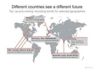 Different countries see a different future 
Top ‘up-and-coming’ recruiting trends for selected geographies 
Belgium 
Remote workforce options 
Germany, Italy, Netherlands 
Recruiting becoming more like marketing 
Australia, India, South Africa 
Improved candidate & job matching 
USA, Canada, Mexico & Brazil 
Improved candidate & job matching 
China 
Using “big data” to 
predict future talent 
needs 
#hiretowin 
 