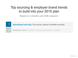 Top sourcing & employer brand trends 
to build into your 2015 plan 
Based on LinkedIn and CEB research 
1 Recruiting & sourcing: Top sources, passive candidate recruiting 
2 Employer brand: Priorities, proactive management, budgets 
#hiretowin 
 