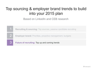 Top sourcing & employer brand trends to build 
into your 2015 plan 
Based on LinkedIn and CEB research 
1 Recruiting & sou...