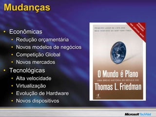 Mudanças
• Econômicas
• Redução orçamentária
• Novos modelos de negócios
• Competição Global
• Novos mercados
• Tecnológicas
• Alta velocidade
• Virtualização
• Evolução de Hardware
• Novos dispositivos
 