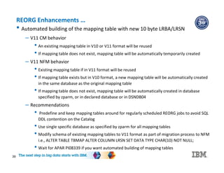 39
REORG Enhancements …
• Automated building of the mapping table with new 10 byte LRBA/LRSN
– V11 CM behavior
• An existing mapping table in V10 or V11 format will be reused
• If mapping table does not exist, mapping table will be automatically temporarily created
– V11 NFM behavior
• Existing mapping table if in V11 format will be reused
• If mapping table exists but in V10 format, a new mapping table will be automatically created
in the same database as the original mapping table
• If mapping table does not exist, mapping table will be automatically created in database
specified by zparm, or in declared database or in DSNDB04
– Recommendations
• Predefine and keep mapping tables around for regularly scheduled REORG jobs to avoid SQL
DDL contention on the Catalog
• Use single specific database as specified by zparm for all mapping tables
• Modify schema of existing mapping tables to V11 format as part of migration process to NFM
i.e., ALTER TABLE TBMAP ALTER COLUMN LRSN SET DATA TYPE CHAR(10) NOT NULL;
• Wait for APAR PI08339 if you want automated building of mapping tables
 