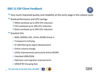 DB2 11 ESP Client Feedback
9
• Very much improved quality and reliability at this early stage in the release cycle
• Good performance and CPU savings
DRDA workload up to 20% CPU reduction
CICS workload up to 18% CPU reduction
Batch workload up to 20% CPU reduction
• Greatest hits
– BIND, REBIND, DDL, Online REORG break in
– Transparent archiving
– IFI 306 filtering by object (Qreplication)
– Online schema change
– Utility improvements particularly Online REORG
– Extended LRBA/LRSN
– Optimizer and migration improvements
– GROUP BY Grouping Sets
 