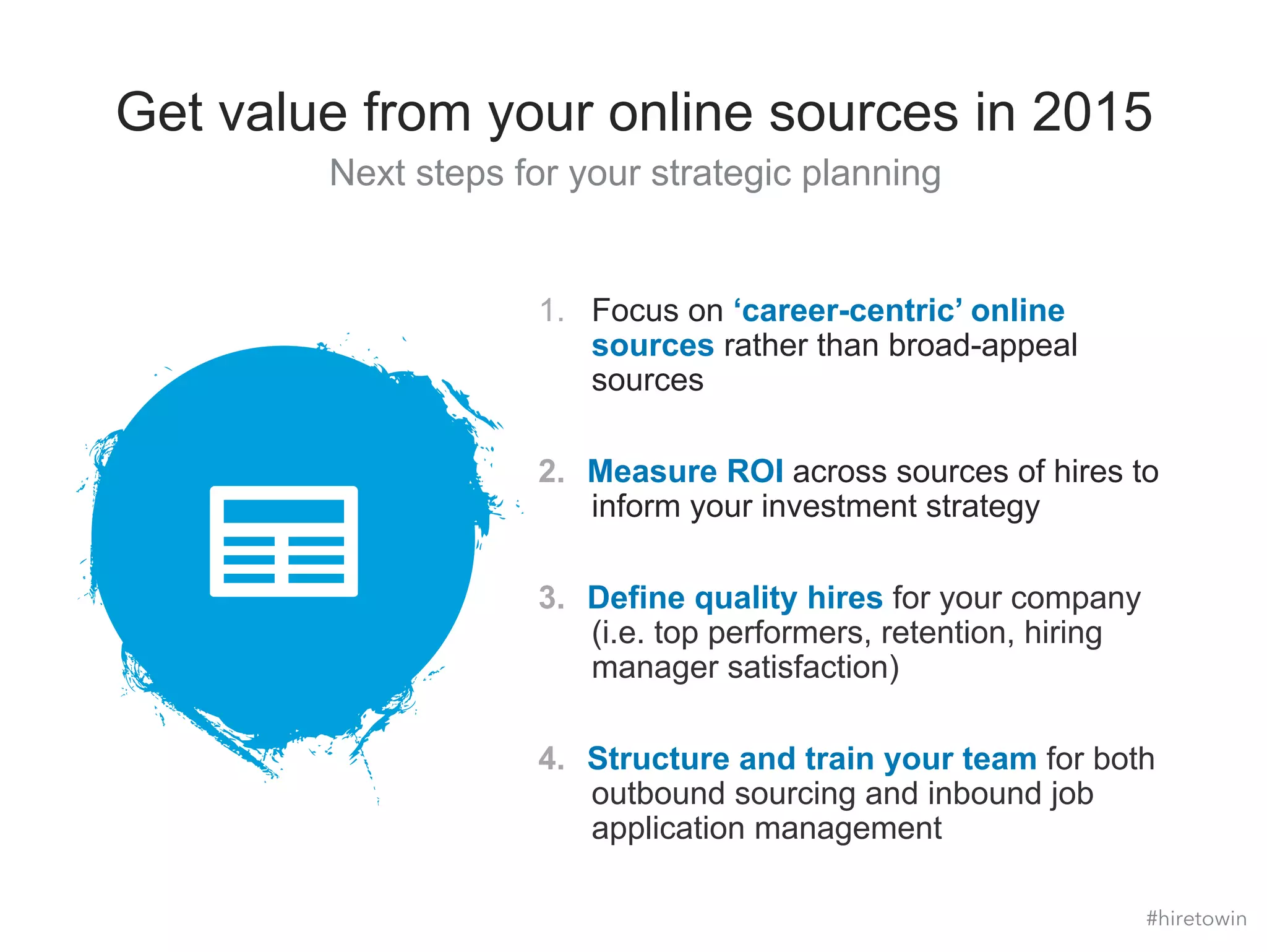 Get value from your online sources in 2015 
Next steps for your strategic planning 
1. Focus on ‘career-centric’ online 
sources rather than broad-appeal 
sources 
2. Measure ROI across sources of hires to 
inform your investment strategy 
3. Define quality hires for your company 
(i.e. top performers, retention, hiring 
manager satisfaction) 
4. Structure and train your team for both 
outbound sourcing and inbound job 
application management 
#hiretowin 
 