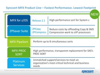 Syncsort MFX Product Line – Fastest Performance. Lowest Footprint 
MFX for z/OS High-performance sort for System z 
Reduce...