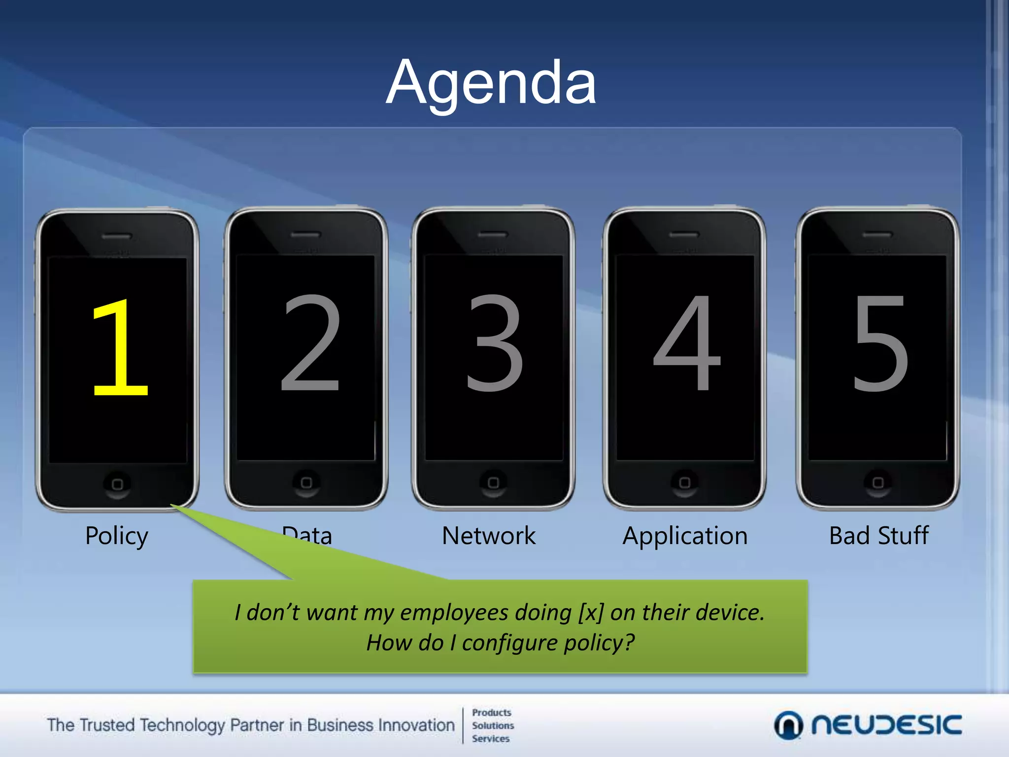 23451PolicyDataNetworkApplicationBad StuffAgendaI don’t want my employees doing [x] on their device.  How do I configure policy?
