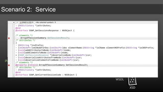 iPhoneClientViewController.mBasicHttpBinding_ISOAPBinding *myBinding = [SOAP BasicHttpBinding_ISOAPBinding];myBinding.logXMLInOut= true;SOAP_GetTitleForCode*parameters = [[SOAP_GetTitleForCode new] autorelease];parameters.code= [[NSStringalloc]initWithString:[numberTextField text]];BasicHttpBinding_ISOAPBindingResponse*response = [myBindingGetTitleForCodeUsingParameters:parameters];NSArray*responseBodyParts = response.bodyParts;for (id bodyPart in responseBodyParts){NSString *message = [bodyPartGetTitleForCodeResult];}Native ApplicationSOAP (WS-I)iPad/iPhone OS 4.2 (ObjC)Option 3:  wsdl2objc (http://code.google.com/p/wsdl2objc/)Version 0.7-pre1 recommended