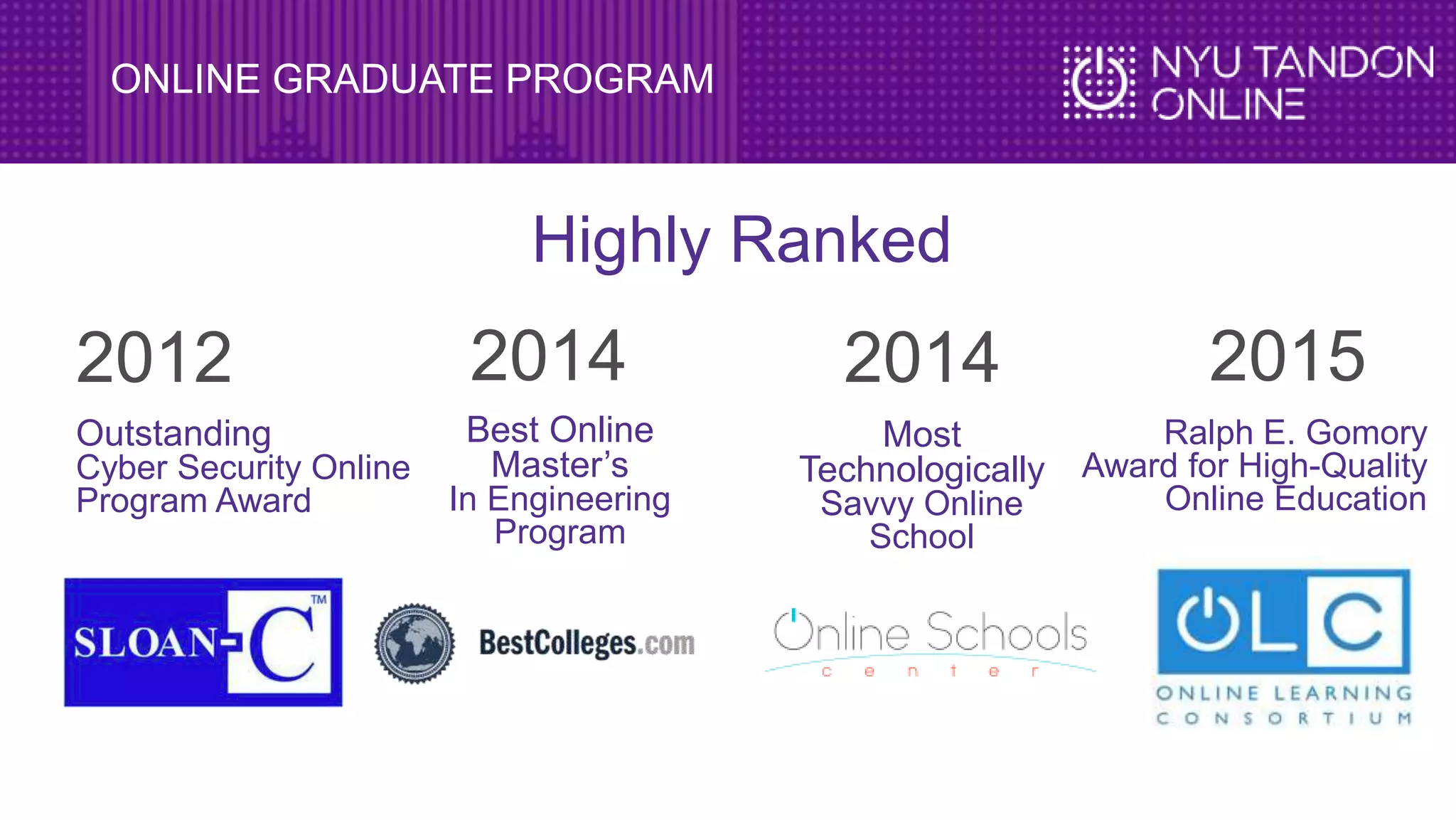 ONLINE GRADUATE PROGRAM
Highly Ranked
2012
Outstanding
Cyber Security Online
Program Award
2015
Ralph E. Gomory
Award for High-Quality
Online Education
2014 2014
Best Online
Master’s
In Engineering
Program
Most
Technologically
Savvy Online
School
 