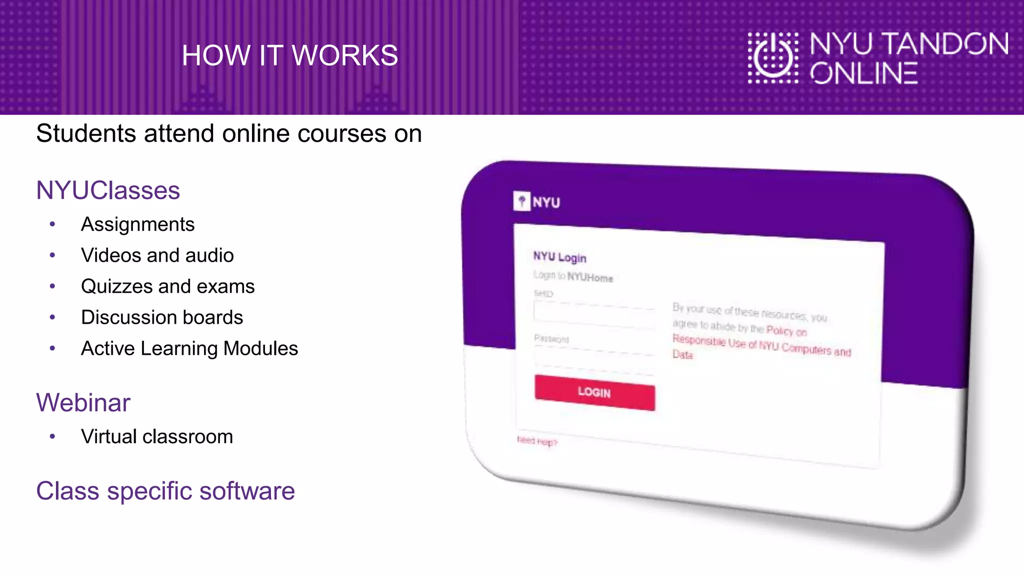 HOW IT WORKS
Students attend online courses on
NYUClasses
• Assignments
• Videos and audio
• Quizzes and exams
• Discussion boards
• Active Learning Modules
Webinar
• Virtual classroom
Class specific software
 