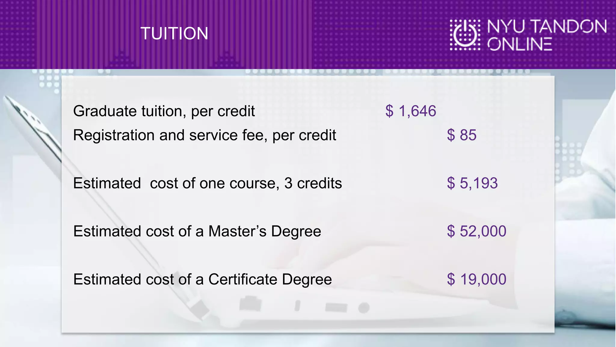 TUITION
Graduate tuition, per credit $ 1,646
Registration and service fee, per credit $ 85
Estimated cost of one course, 3 credits $ 5,193
Estimated cost of a Master’s Degree $ 52,000
Estimated cost of a Certificate Degree $ 19,000
 