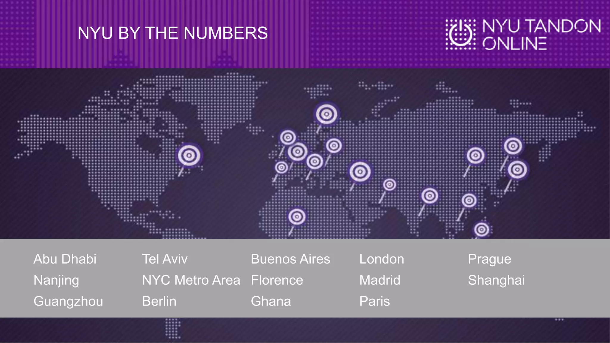 NYU BY THE NUMBERS
Abu Dhabi
Nanjing
Guangzhou
Tel Aviv
NYC Metro Area
Berlin
Buenos Aires
Florence
Ghana
London
Madrid
Paris
Prague
Shanghai
 
