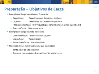 Preparação – Objetivos de Carga Exemplos de Carga baseadas em Transação Pages/hour:   Taxa de número de páginas por hora UC/hour:   Taxa de uso do Caso de Uso por hora Http requests/hour:  HTTP requests por hora incluindo iFrames ou embeded Searches/hour:  Buscas por hora Exemplos de Carga baseado no usuário User visits/hour:  Taxa de visita de usuário Logins/hour:   Taxa de Login Active Users/hour:  Usuários ativos Obtenção destes números (mesmo que estimados) Tente obter do site existente Converse com usuários, desenvolvimento, gestores, etc 