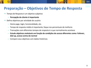 Preparação – Objetivos de Tempo de Resposta Tempo de Resposta é um objetivo subjetivo Percepção do cliente é importante Defina objetivos por atividade de usuário Home page, login, funcionalidade, etc. Tempo de resposta médio é importante, foque nos percentuais de melhoria Transações com diferentes tempos de resposta é o que normalmente acontece Estudo objetivos maleáveis em função de condições de acesso diferentes como: Failover, dial-up, acesso acima do normal Compare seus objetivos com dados históricos 