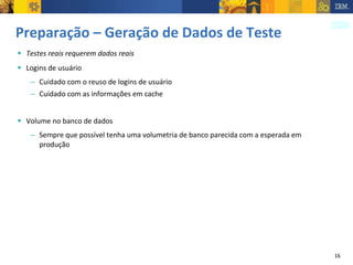 Preparação – Geração de Dados de Teste Testes reais requerem dados reais Logins de usuário Cuidado com o reuso de logins de usuário Cuidado com as informações em cache Volume no banco de dados Sempre que possível tenha uma volumetria de banco parecida com a esperada em produção 