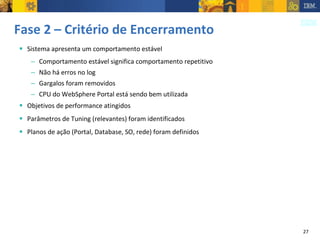 Fase 2 – Critério de Encerramento Sistema apresenta um comportamento estável Comportamento estável significa comportamento repetitivo Não há erros no log Gargalos foram removidos CPU do WebSphere Portal está sendo bem utilizada Objetivos de performance atingidos Parâmetros de Tuning (relevantes) foram identificados Planos de ação (Portal, Database, SO, rede) foram definidos 