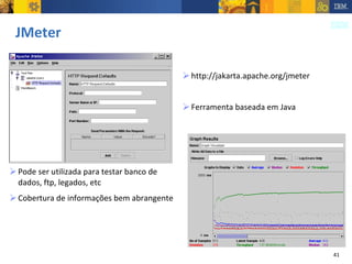 JMeter Pode ser utilizada para testar banco de dados, ftp, legados, etc Cobertura de informações bem abrangente http://jakarta.apache.org/jmeter Ferramenta baseada em Java 