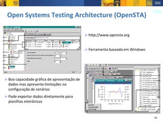 Open Systems Testing Architecture (OpenSTA) Boa capacidade gráfica de apresentação de dados mas apresenta limitações na configuração de cenários Pode exportar dados diretamente para planilhas eletrônicas http://www.opensta.org Ferramenta baseada em Windows 