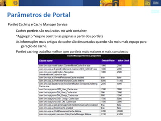 Parâmetros de Portal Portlet Caching e Cache Manager Service Caches portlets são realizados  no web container “ Aggregator”engine constrói as páginas a partir dos portlets As informações mais antigas do cache são descartadas quando não mais mais espaço para geração do cache. Portlet caching trabalha melhor com portlets mais maiores e mais complexos 