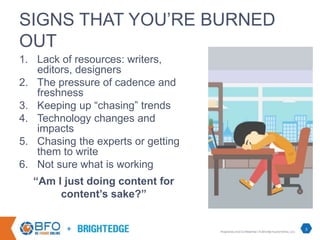 +
SIGNS THAT YOU’RE BURNED
OUT
1. Lack of resources: writers,
editors, designers
2. The pressure of cadence and
freshness
...