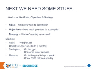 +
NEXT WE NEED SOME STUFF...
…You know, like Goals, Objectives & Strategy
• Goals – What you want to accomplish
• Objectiv...