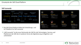 16 29.09.2017
SAP Leonardo
SAP Cloud Platform
„SAP Leonardo“ ist die neue Dachmarke der SAP für alle Technologien, Services und
Plattformen der SAP, die im weiteren Sinne die Digitalisierung ermöglichen und
unterstützen
Einsatzorte der SAP Cloud Platform
Die SAP Cloud Platform bildet die Entwicklungs- und
IoT-Plattform für SAP Leonardo
 