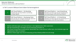 Natuvion Webcasts
Überblick der Webcast-Reihe „SAP Cloud Platform"
SAP Cloud Platform23
1
SAP Cloud Platform – On Boarding
Überblick über die Cloud Platform und Klärung
wichtiger Begriffe
2
SAP Cloud Platform – Developing Tools
Übersicht über die wichtigsten Werkzeuge, die bei der
Cloud-Entwicklung zum Einsatz kommen
3
SAP Cloud Platform – Java Entwicklung
Überblick und Erfahrungen bei der Entwicklung von
Java Anwendungen auf der SAP Cloud Platform
4
SAP Cloud Platform – UI Entwicklung
Überblick und Erfahrungen bei der Entwicklung von UI
Anwendungen auf der SAP Cloud Platform
• Welche Anforderungen auf Unternehmen in der digitalisierten Welt zukommen
• Wie die Entwicklung zu heutigen Cloud Computing verlaufen ist
• Wie Cloud Computing als wesentlicher Bestandteil den Unternehmen helfen kann, die Anforderungen der
digitalisierten Welt zu meistern
• Welchen Änderungen das Cloud Computing auf das Arbeitsumfeld mit sich bringt
In Teil 1 unserer Webcast Serie haben Sie kennengelernt
 