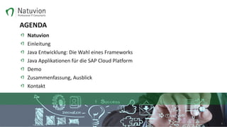 AGENDA
Natuvion
Einleitung
Java Entwicklung: Die Wahl eines Frameworks
Java Applikationen für die SAP Cloud Platform
Demo
Zusammenfassung, Ausblick
Kontakt
2
 