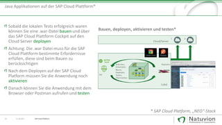 23 13.10.2017
Sobald die lokalen Tests erfolgreich waren
können Sie eine .war-Datei bauen und über
das SAP Cloud Plattform Cockpit auf den
Cloud Server deployen
Achtung: Die .war Datei muss für die SAP
Cloud Plattform bestimmte Erfordernisse
erfüllen, diese sind beim Bauen zu
berücksichtigen
Nach dem Deployen auf der SAP Cloud
Platform müssen Sie die Anwendung noch
aktivieren
Danach können Sie die Anwendung mit dem
Browser oder Postman aufrufen und testen
Bauen, deployen, aktivieren und testen*
Java Applikationen auf der SAP Cloud Plattform*
* SAP Cloud Platform, „NEO“-Stack
SAP Cloud Platform
 