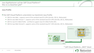 24 13.10.2017
Java Applikationen auf der SAP Cloud Plattform*
Was es zu beachten gibt*
Die SAP Cloud Platform unterstützt nur bestimmt Java Profile
▪ SDK for Java Web - supports some of the standard Java EE 6 APIs (Servlet, JSP, EL, Websocket)
▪ SDK for Java Web Tomcat 7 - supports some of the standard Java EE 6 APIs (Servlet, JSP, EL, Websocket)
▪ SDK for Java EE 6 Web Profile - certified to support Java EE 6 Web Profile APIs
▪ SDK for Java Web Tomcat 8 - supports some of the standard Java EE 7 APIs (Servlet, JSP, EL, Websocket)
* SAP Cloud Platform, „NEO“-Stack
Java Profile
SAP Cloud Platform
 