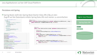 29 13.10.2017
Java Applikationen auf der SAP Cloud Plattform
Spring Boots stellt den Spring-Boot-Starter-Data-JPA zVfg um den
Zugriff auf die Datenbank mittels Spring Data JPA noch weiter zu vereinfachen
Persistenz mit Spring
Eigene Java Klassen
Spring Data JPA
SAP Cloud Platform
 